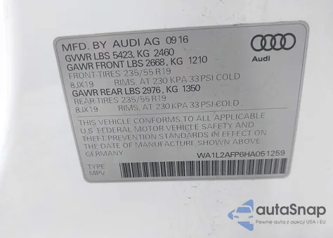 2017 Audi Q5 2.0T Premium z USA, uszkodzony, nr VIN WA1L2AFP6HA051259